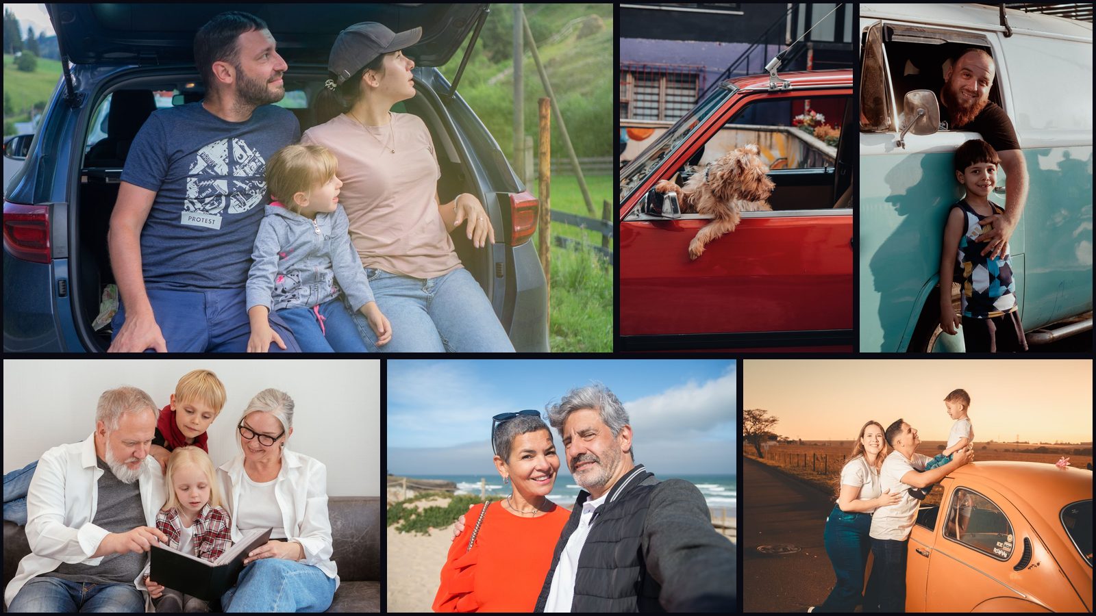 Exemplo do efeito Mosaico: seis fotos de família, casal, avós e um cachorro encaixadas lado a lado