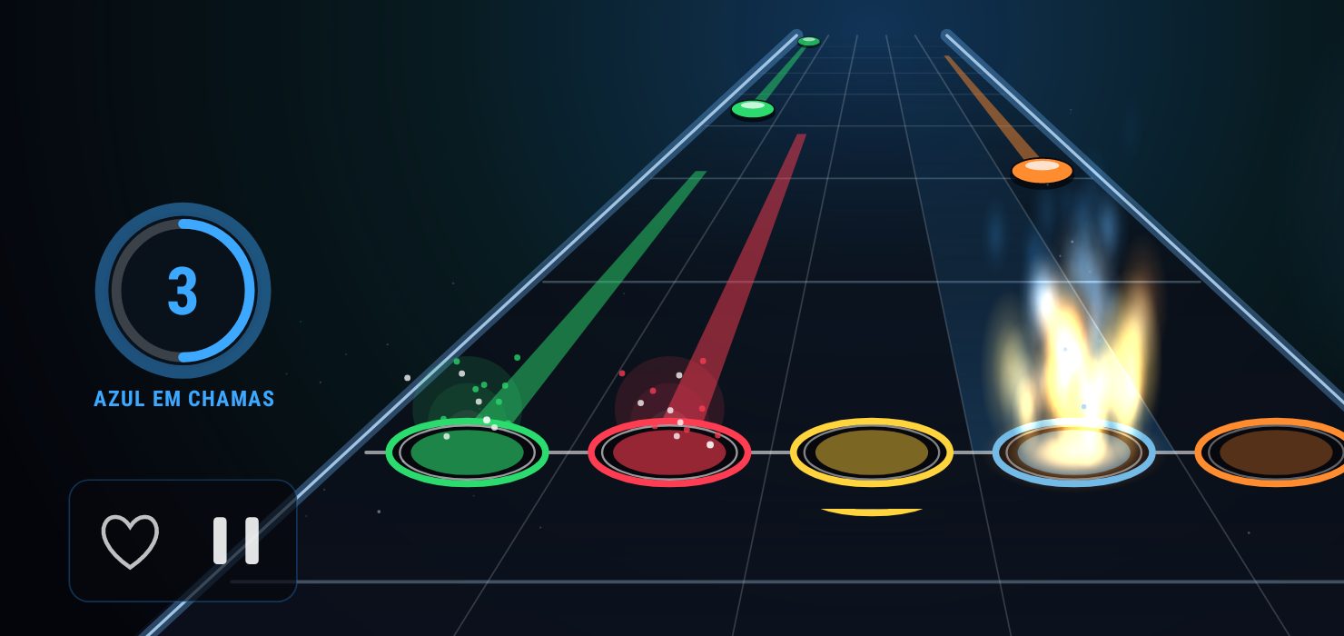 Estrada de Notas: notas coloridas descendo pela estrada no ritmo da música, uma faixa em chamas